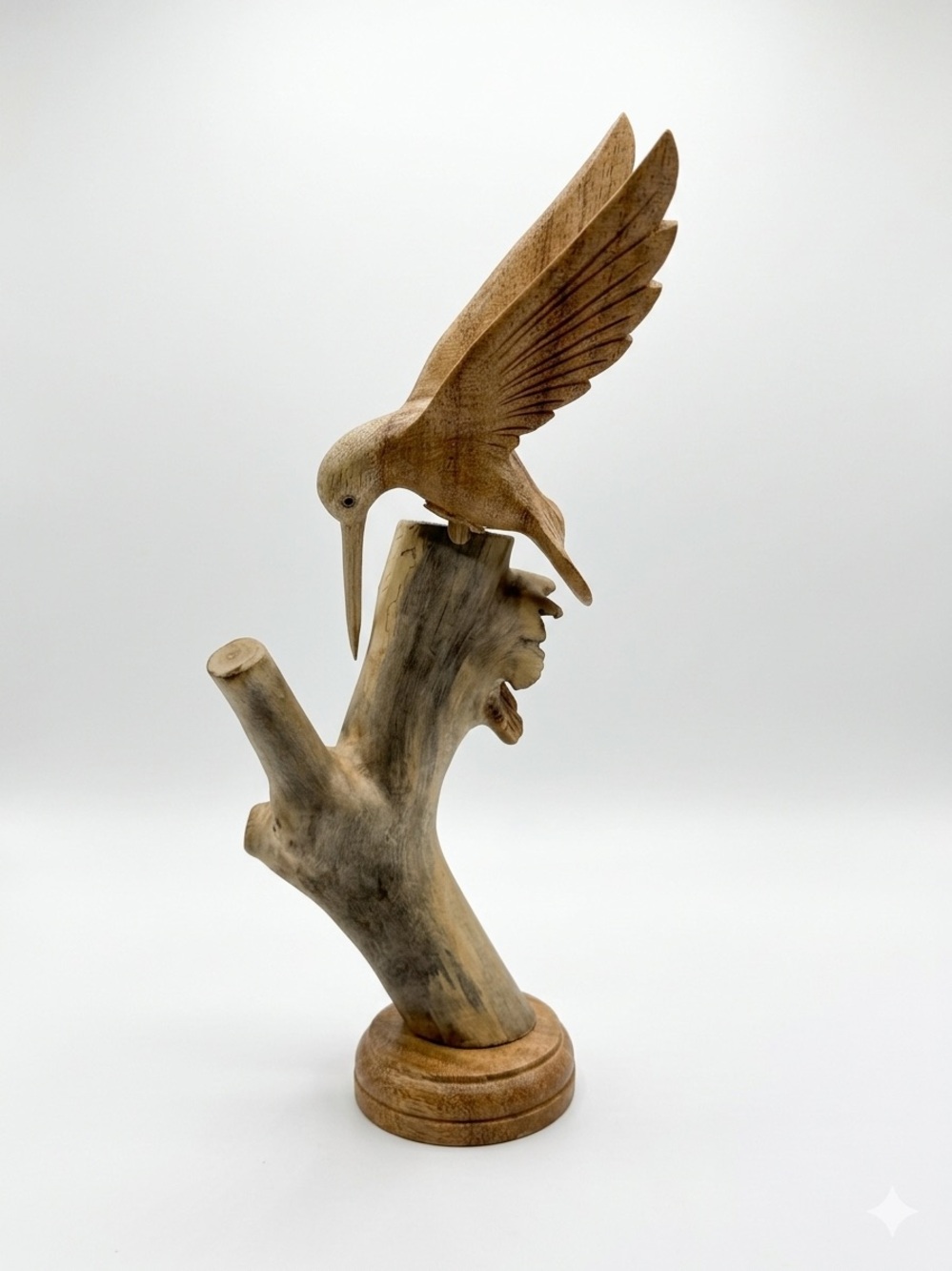 Hand-Carved Wooden Hummingbird Sculpture on Natural Parasite Wood Base
